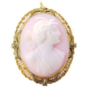 Antique 10k Gold Pink Shell Cameo of Goddess Ceres